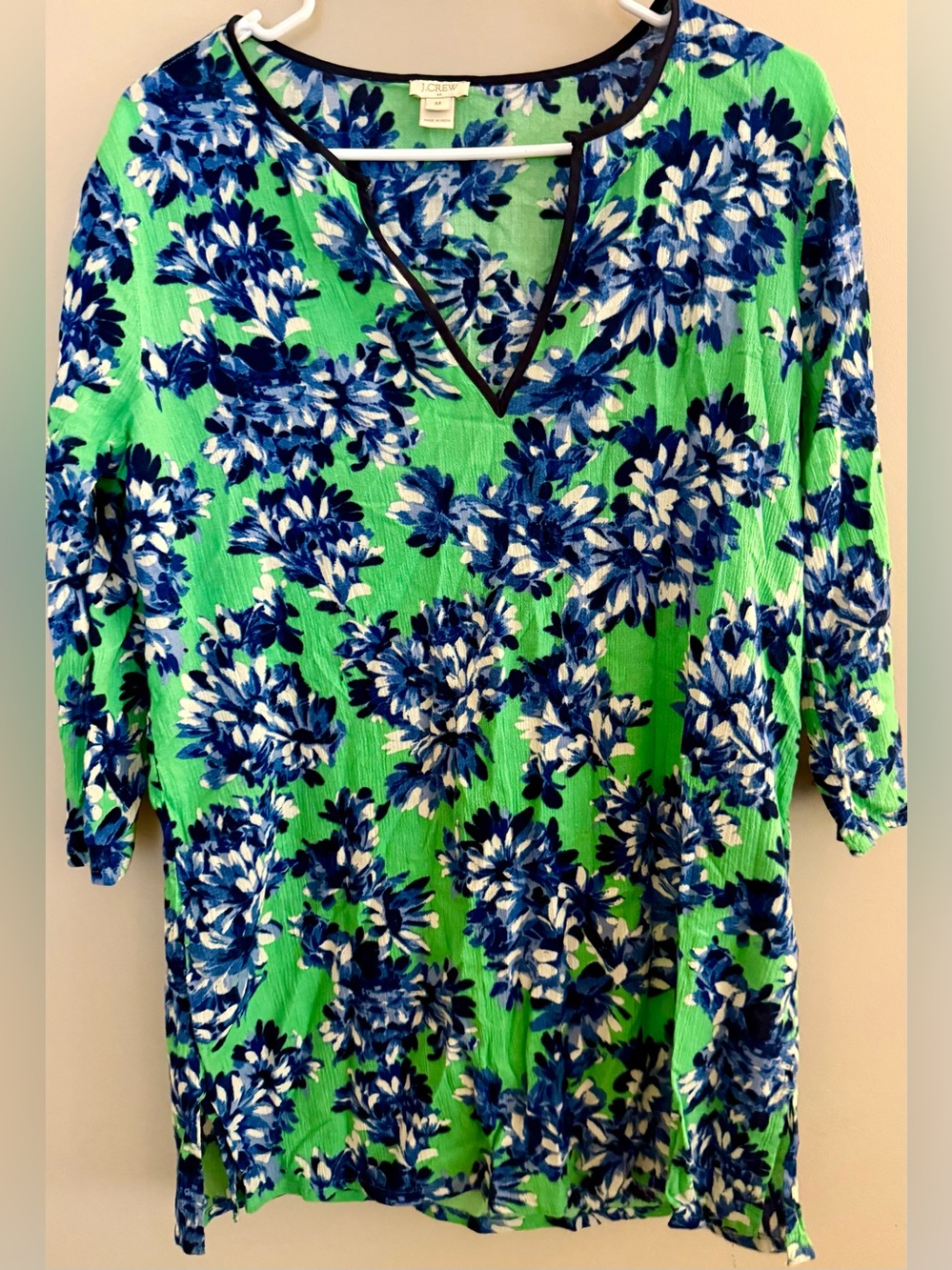 J Crew Factory Floral Gauze Tunic Blouse Green Blue White Boho Lightweight